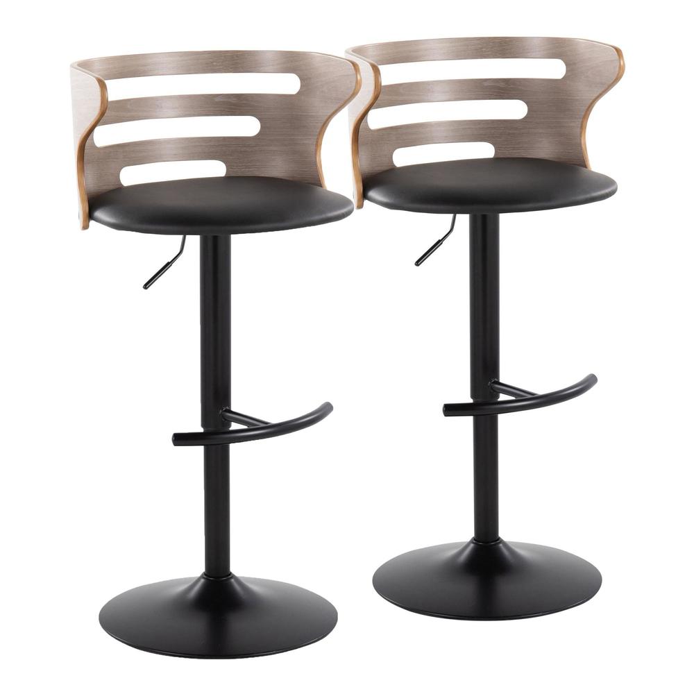 Black Metal, Light Grey Wood, Black PU Cosi Adjustable Barstool - Set of 2. Picture 1