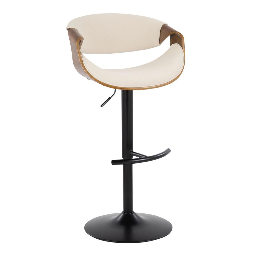 Walnut Wood, Cream Fabric, Black Metal Curvo Adjustable Barstool - Set of 2. Picture 2