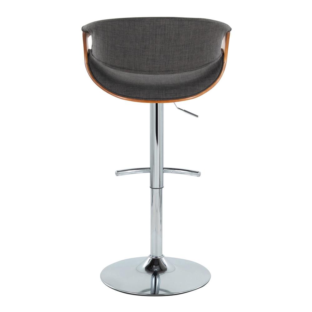 Walnut Wood, Charcoal Fabric, Chrome Metal Curvo Adjustable Barstool - Set of 2. Picture 5