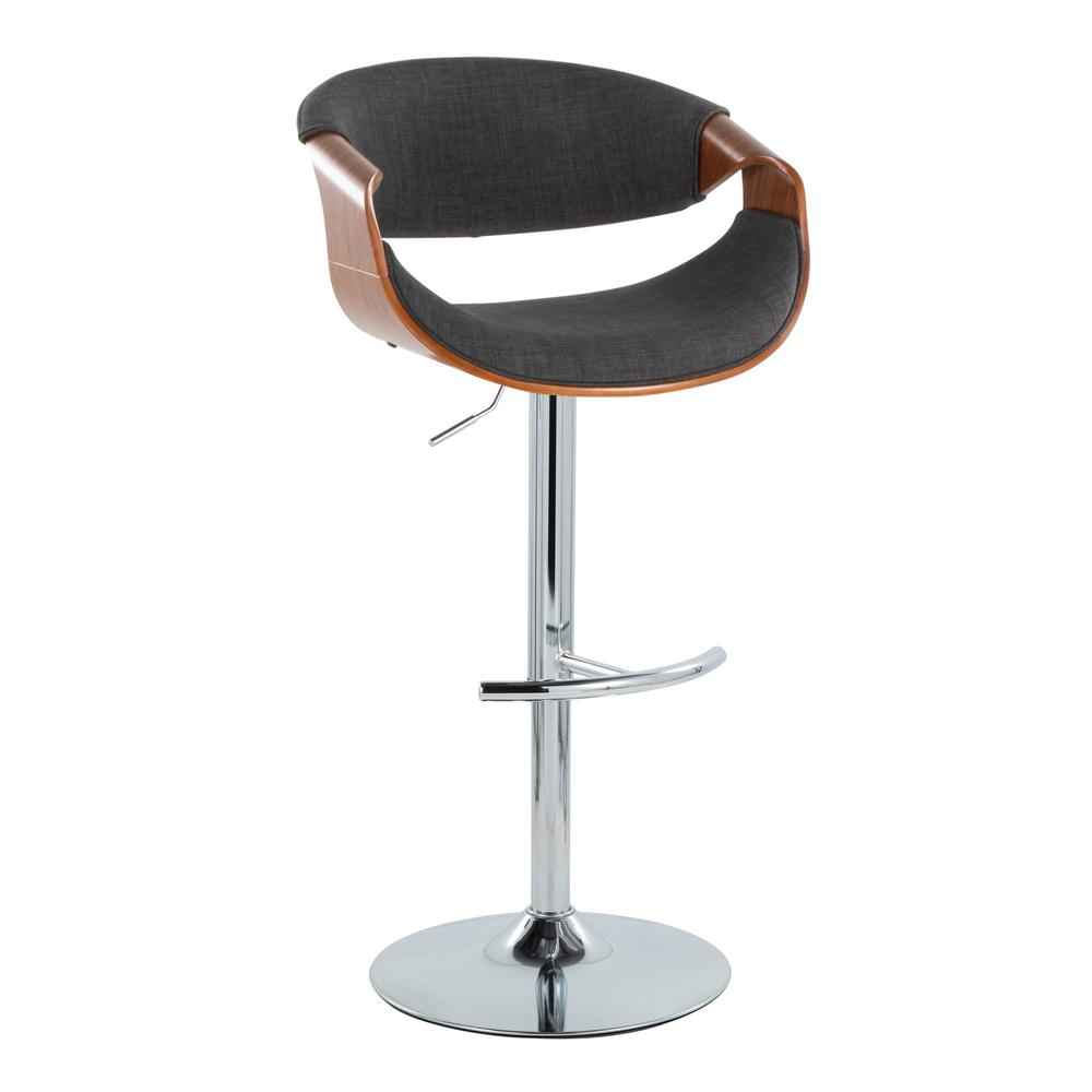 Walnut Wood, Charcoal Fabric, Chrome Metal Curvo Adjustable Barstool - Set of 2. Picture 2