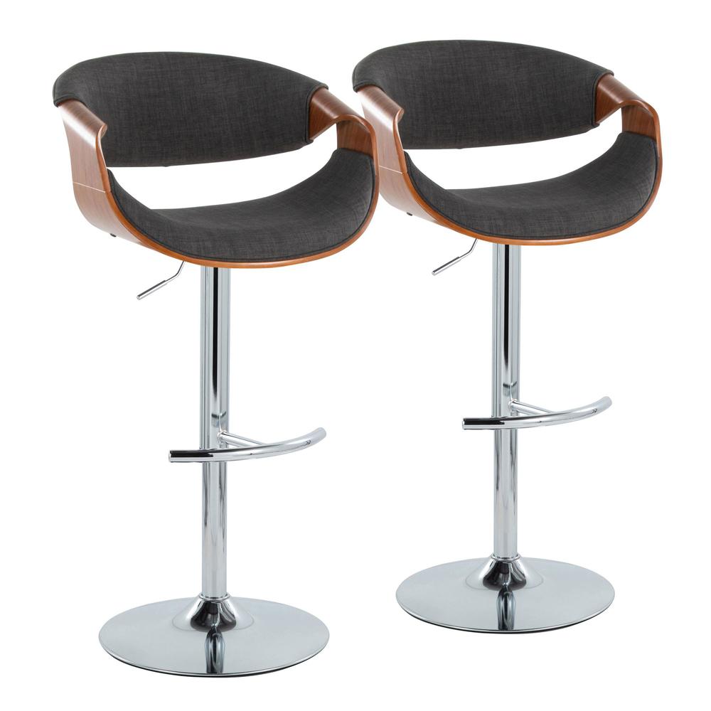 Walnut Wood, Charcoal Fabric, Chrome Metal Curvo Adjustable Barstool - Set of 2. Picture 1