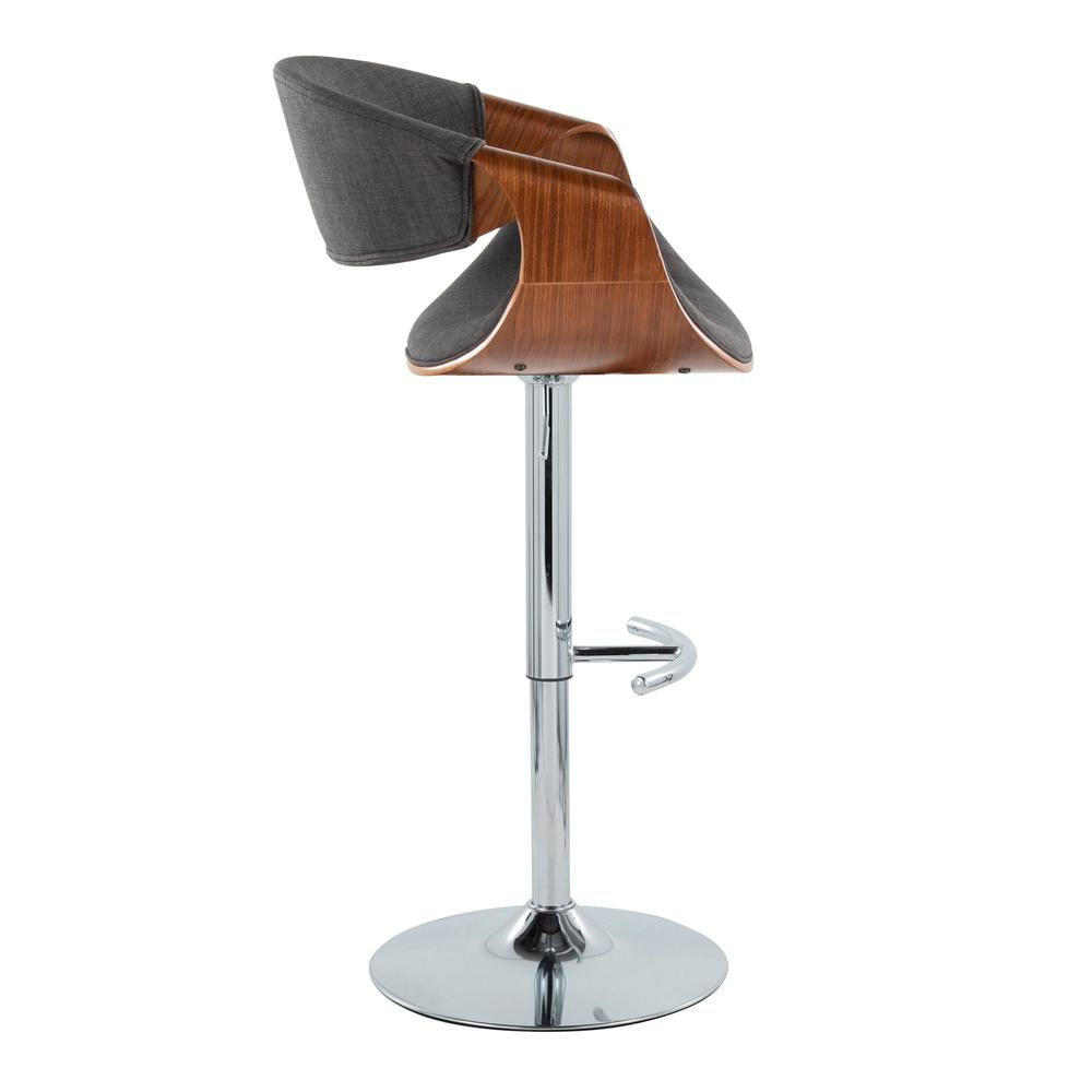 Walnut Wood, Charcoal Fabric, Chrome Metal Curvo Adjustable Barstool - Set of 2. Picture 3