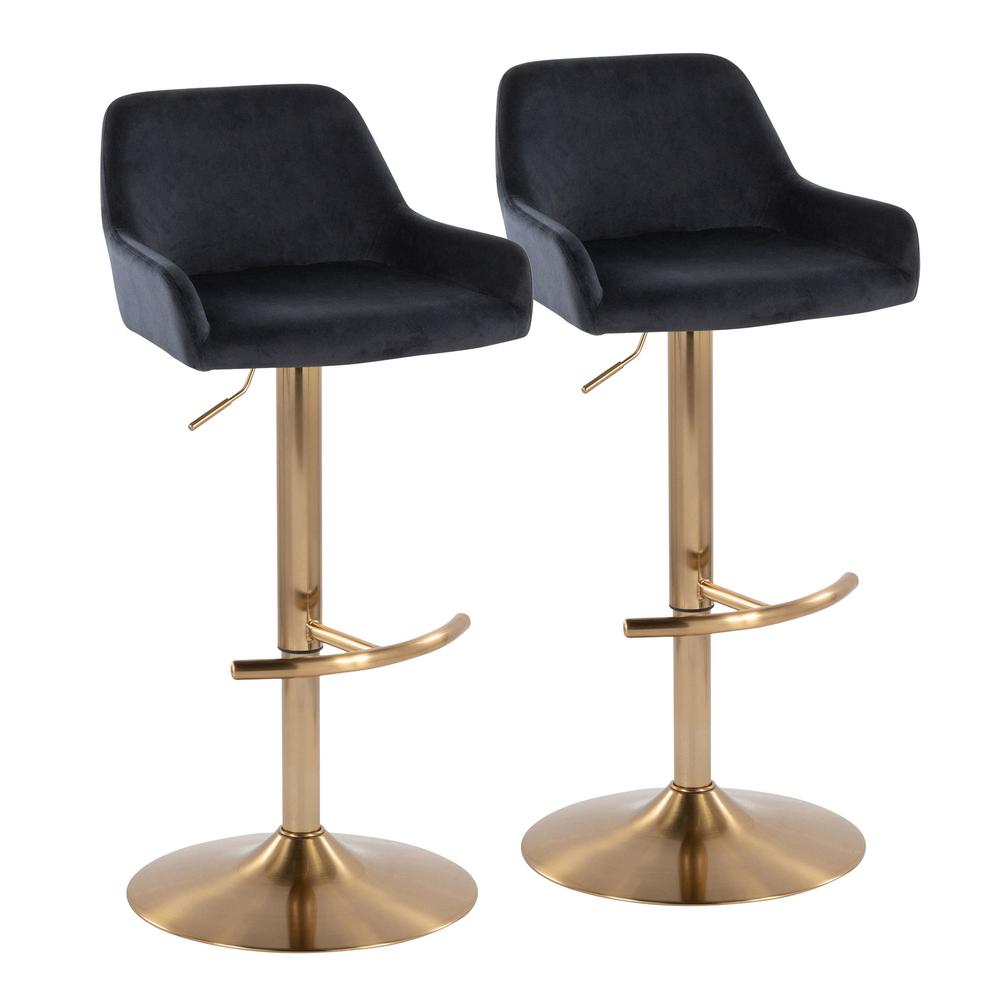 Gold Metal, Black Velvet Daniella Adjustable Barstool - Set of 2. Picture 1