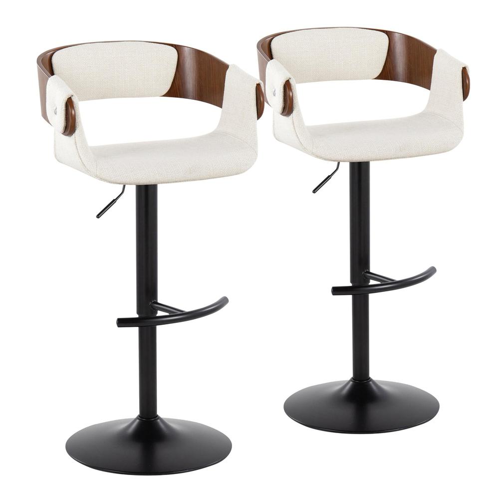 Black Metal, Walnut Wood, Cream Fabric Elisa Adjustable Barstool - Set of 2. Picture 1