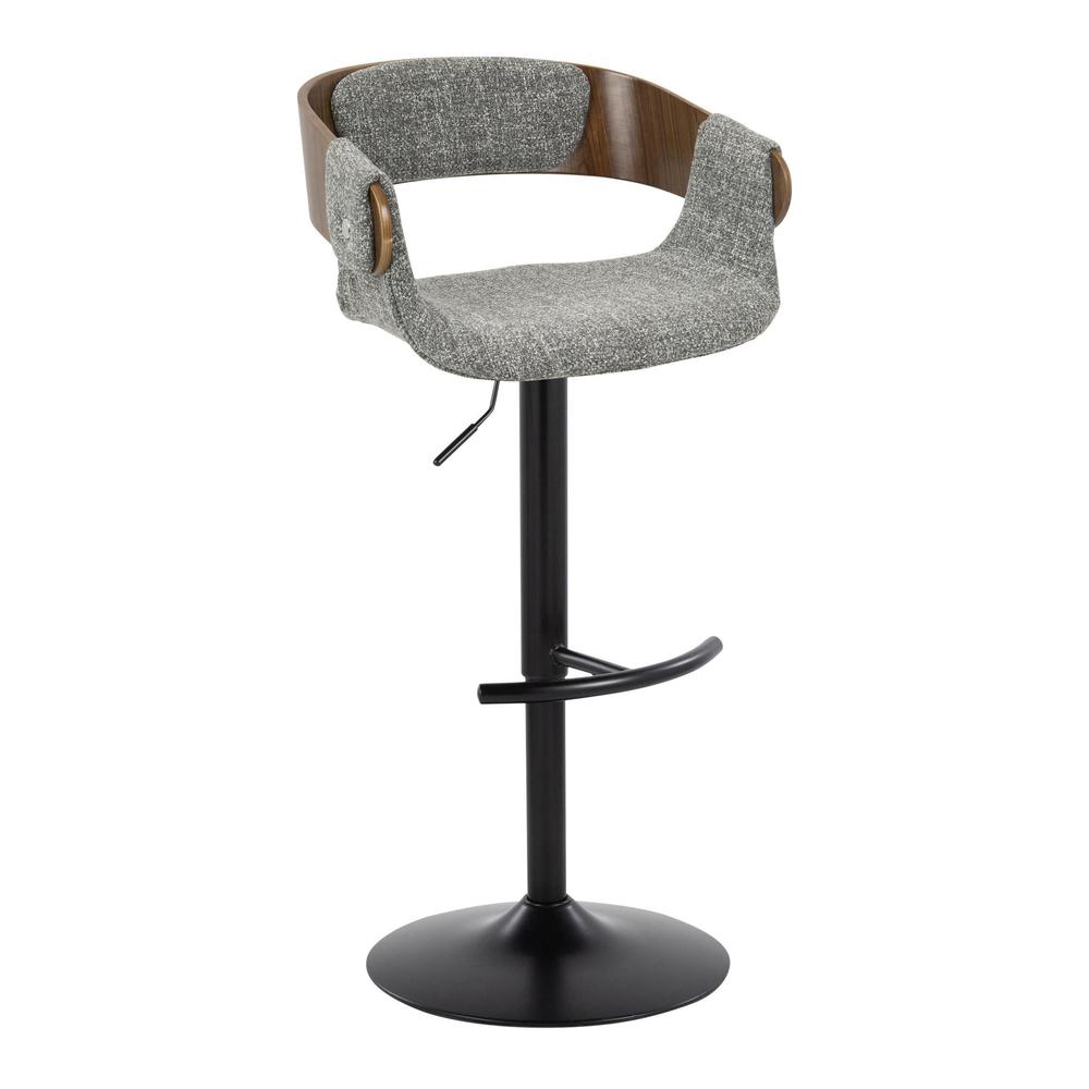 Black Metal, Walnut Wood, Grey Fabric Elisa Adjustable Barstool - Set of 2. Picture 2