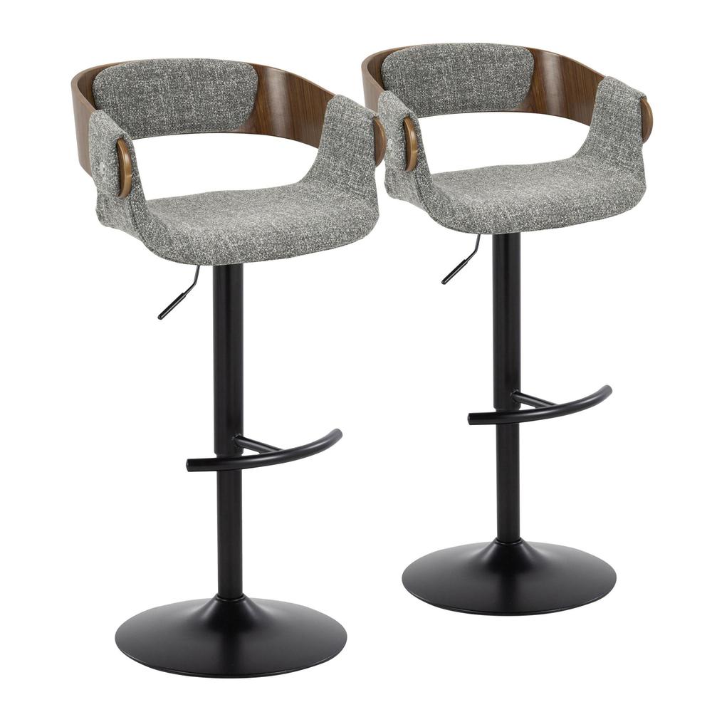 Black Metal, Walnut Wood, Grey Fabric Elisa Adjustable Barstool - Set of 2. Picture 1
