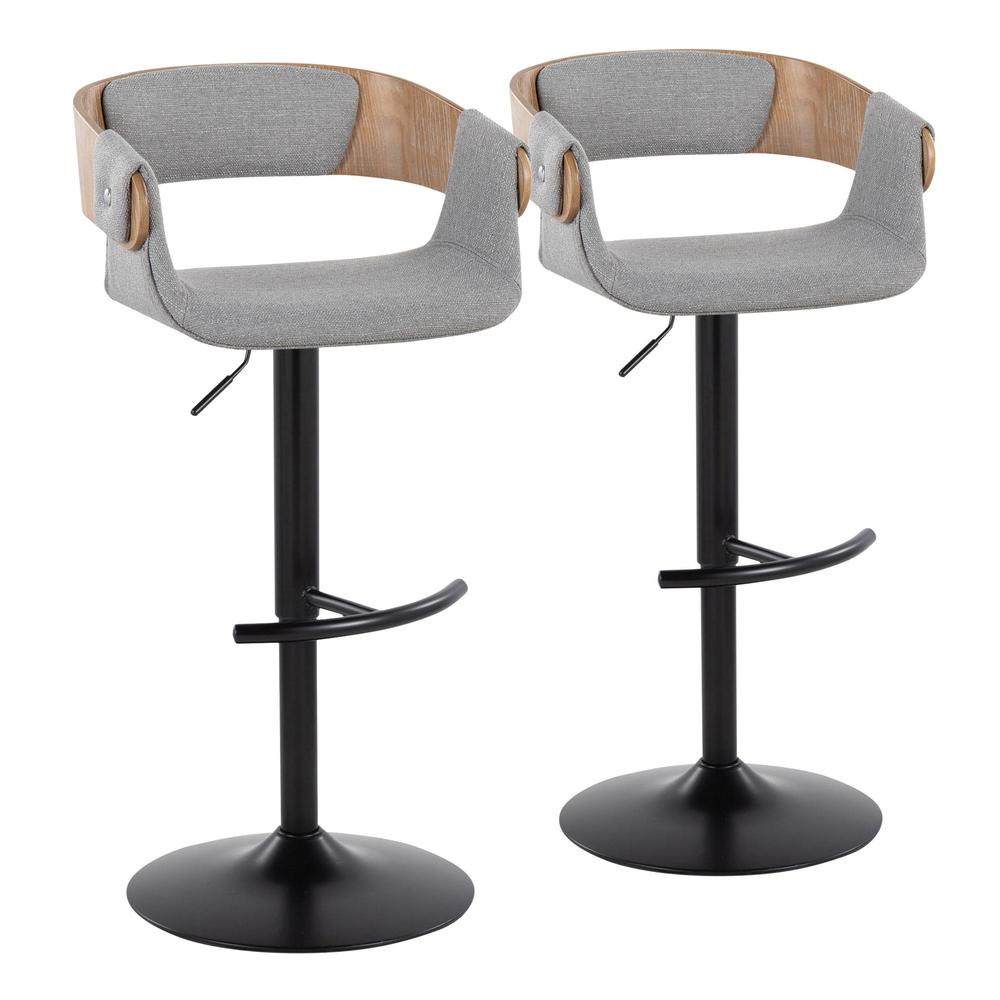 Black Metal, Whitewashed Wood, Grey Fabric Elisa Adjustable Barstool - Set of 2. Picture 1