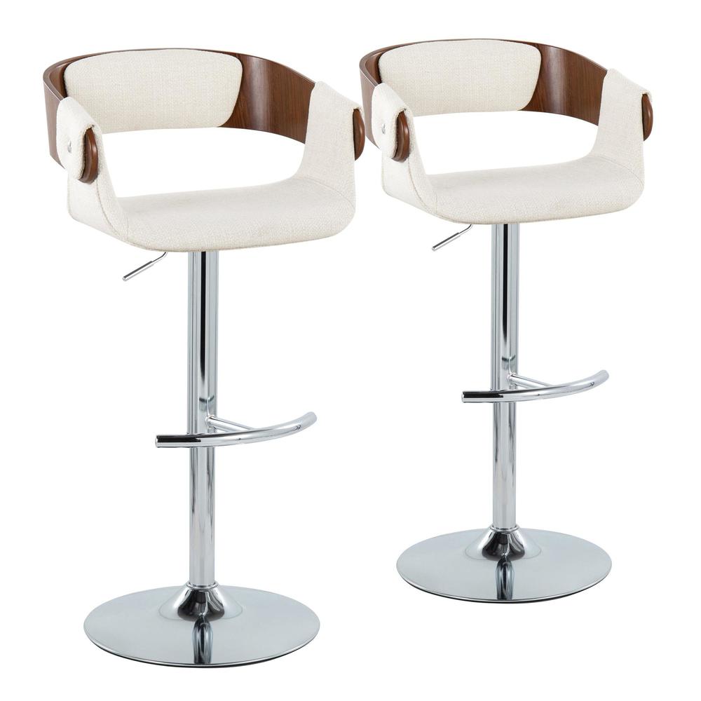Chrome Metal, Walnut Wood, Cream Fabric Elisa Adjustable Barstool - Set of 2. Picture 1
