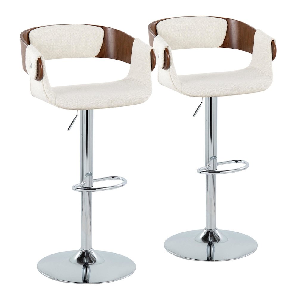 Chrome Metal, Walnut Wood, Cream Fabric Elisa Adjustable Barstool - Set of 2. Picture 1