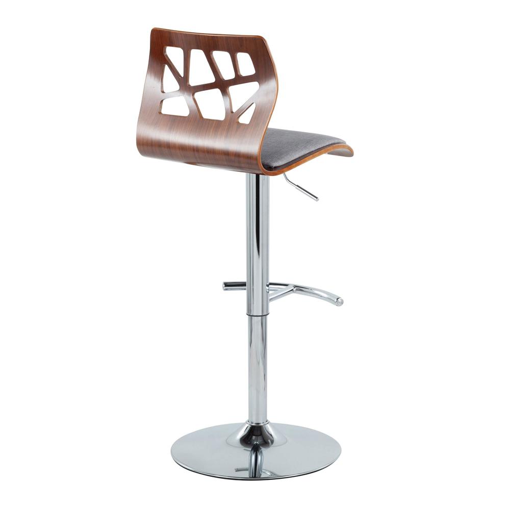 Chrome Metal, Walnut Wood, Grey Fabric Folia Adjustable Barstool - Set of 2. Picture 4
