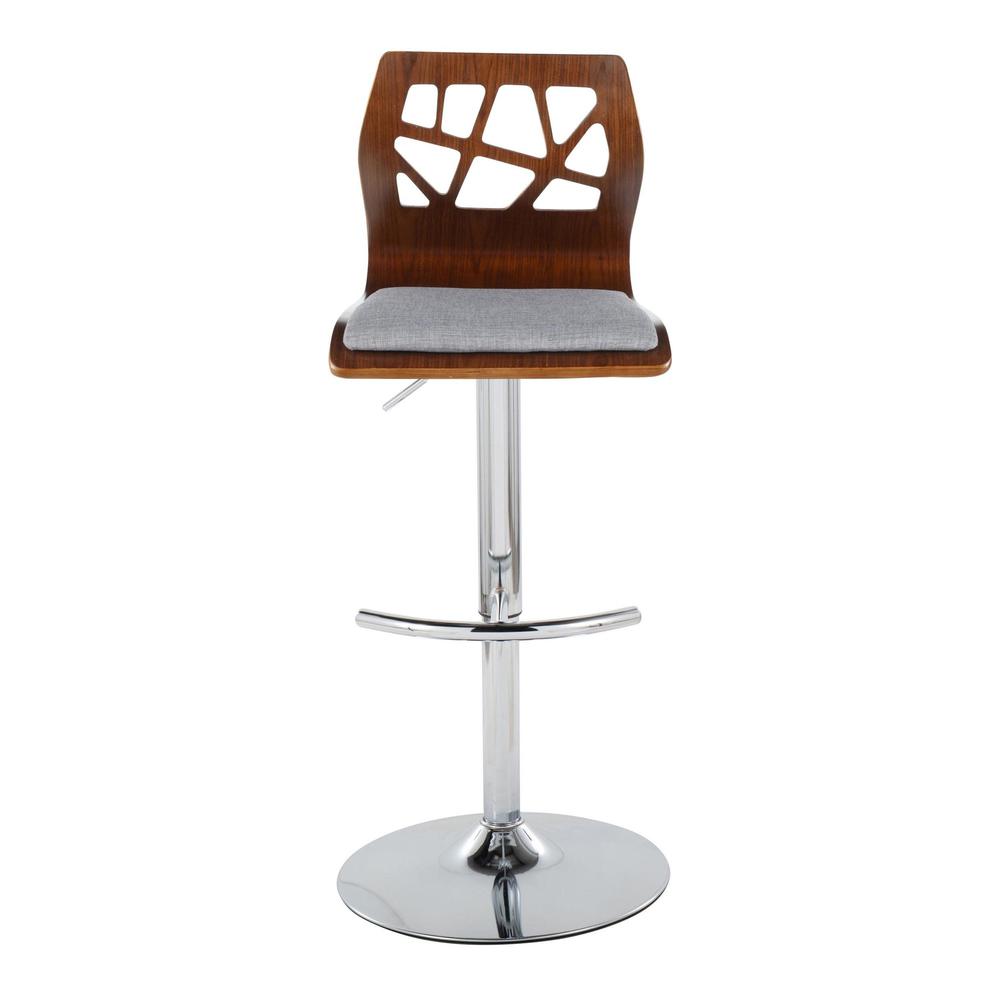 Chrome Metal, Walnut Wood, Grey Fabric Folia Adjustable Barstool - Set of 2. Picture 6