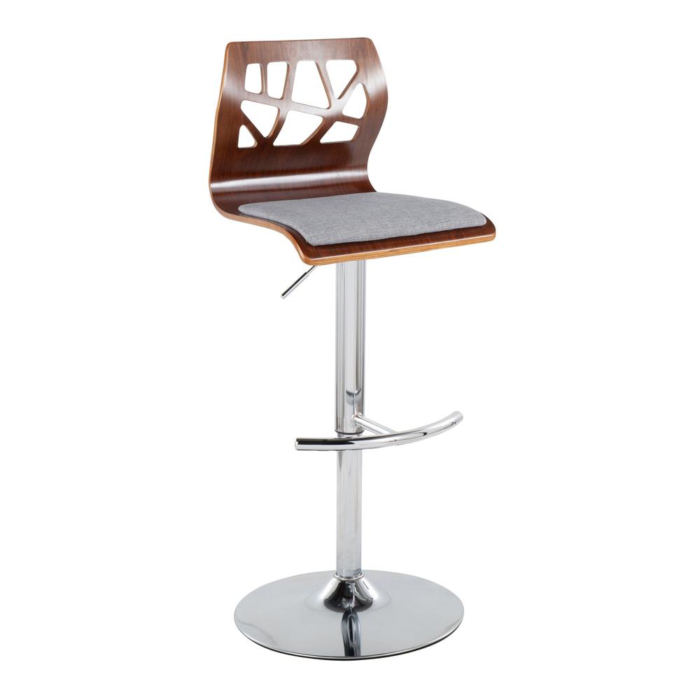 Chrome Metal, Walnut Wood, Grey Fabric Folia Adjustable Barstool - Set of 2. Picture 2