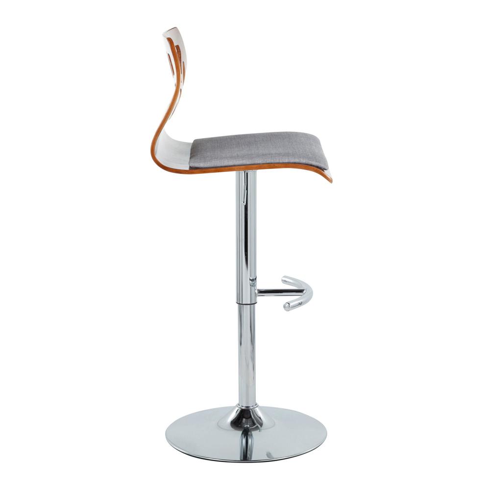 Chrome Metal, Walnut Wood, Grey Fabric Folia Adjustable Barstool - Set of 2. Picture 3