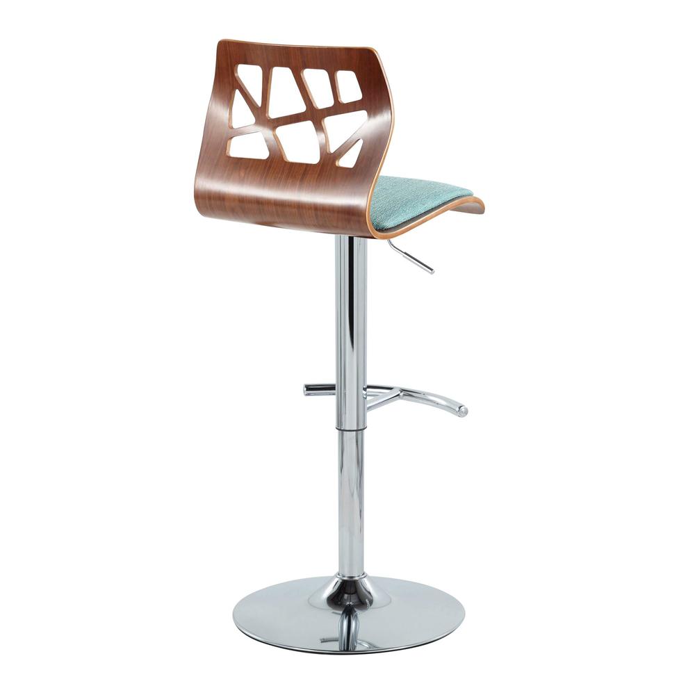 Chrome Metal, Walnut Wood, Teal Fabric Folia Adjustable Barstool - Set of 2. Picture 4