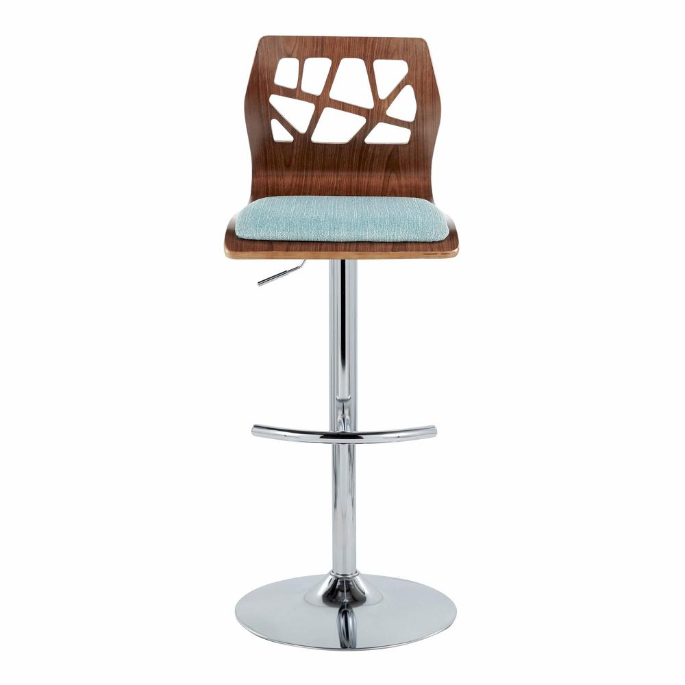 Chrome Metal, Walnut Wood, Teal Fabric Folia Adjustable Barstool - Set of 2. Picture 6