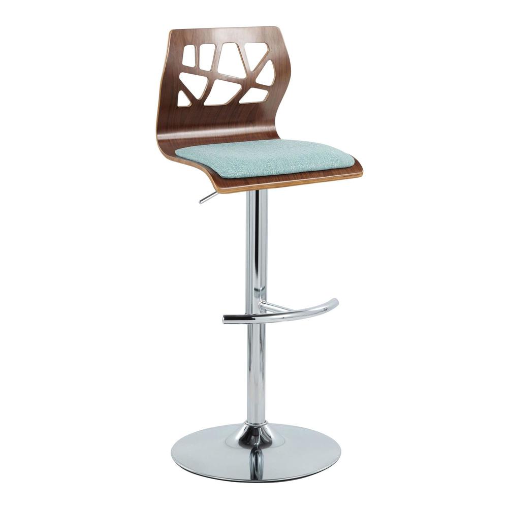 Chrome Metal, Walnut Wood, Teal Fabric Folia Adjustable Barstool - Set of 2. Picture 2