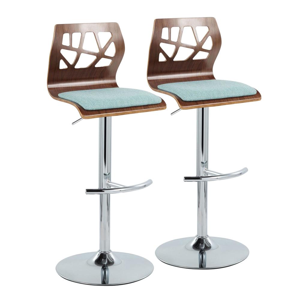 Chrome Metal, Walnut Wood, Teal Fabric Folia Adjustable Barstool - Set of 2. Picture 1