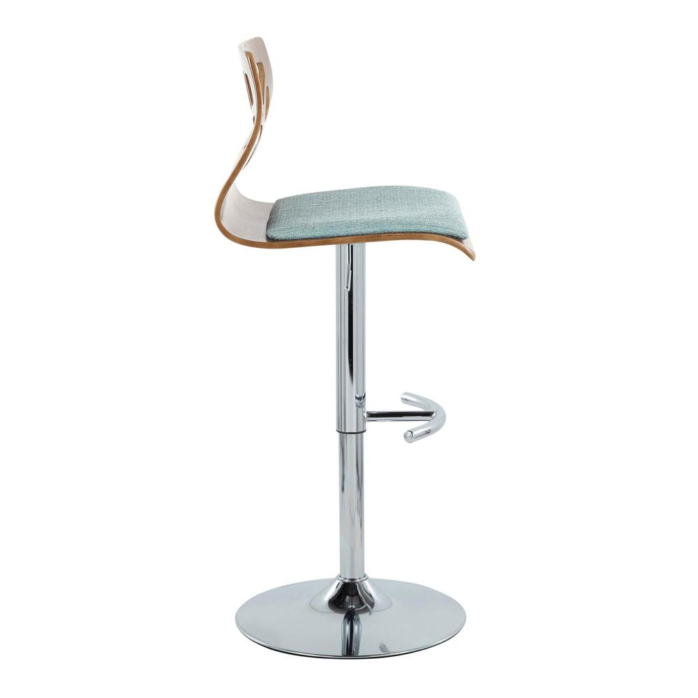Chrome Metal, Walnut Wood, Teal Fabric Folia Adjustable Barstool - Set of 2. Picture 3