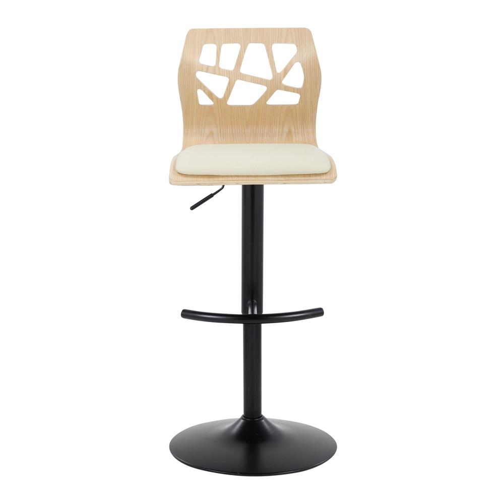Black Metal, Natural Wood, Cream PU Folia Adjustable Barstool - Set of 2. Picture 6