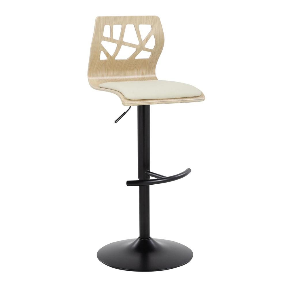 Black Metal, Natural Wood, Cream PU Folia Adjustable Barstool - Set of 2. Picture 2