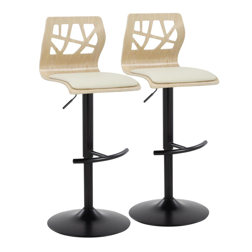 Black Metal, Natural Wood, Cream PU Folia Adjustable Barstool - Set of 2. Picture 1