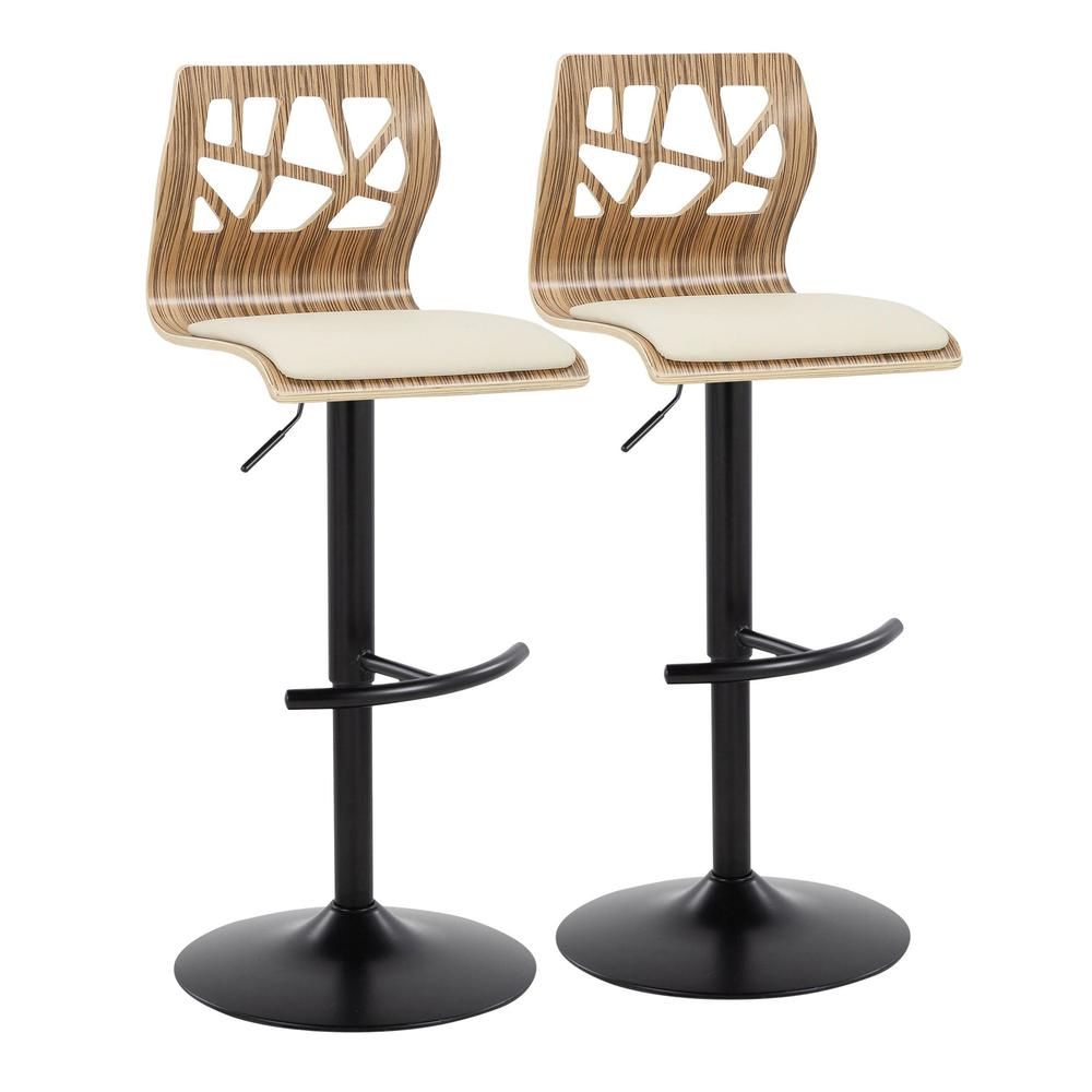 Black Metal, Zebra Wood, Cream PU Folia Adjustable Barstool - Set of 2. Picture 1