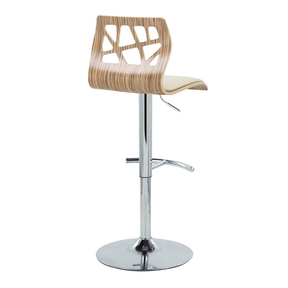 Chrome Metal, Zebra Wood, Cream PU Folia Adjustable Barstool - Set of 2. Picture 4