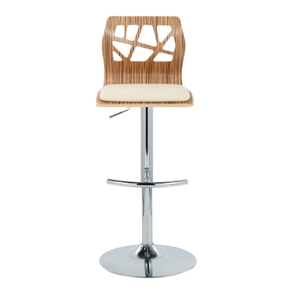 Chrome Metal, Zebra Wood, Cream PU Folia Adjustable Barstool - Set of 2. Picture 6