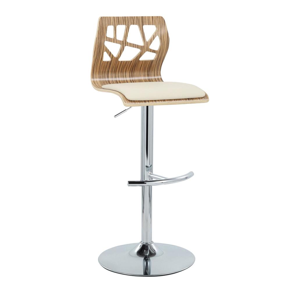 Chrome Metal, Zebra Wood, Cream PU Folia Adjustable Barstool - Set of 2. Picture 2
