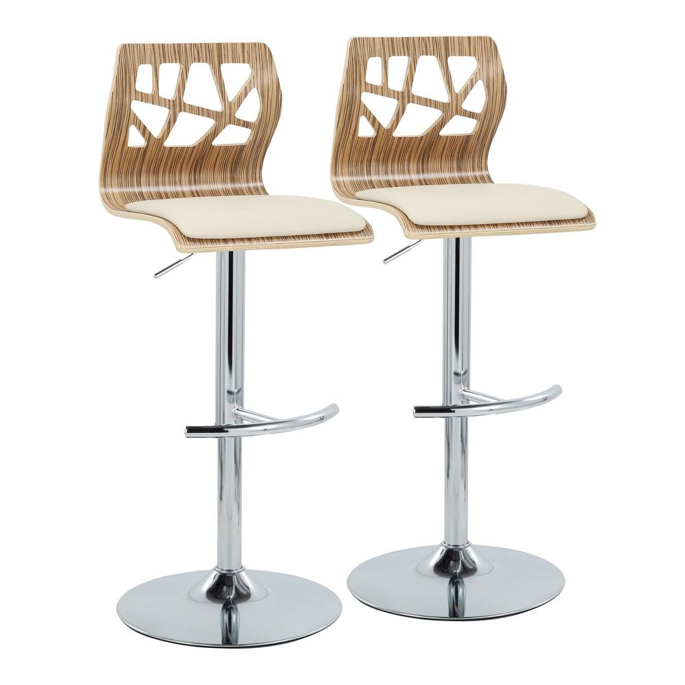 Chrome Metal, Zebra Wood, Cream PU Folia Adjustable Barstool - Set of 2. Picture 1
