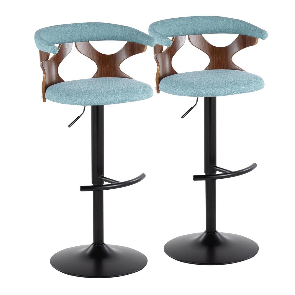 Black Metal, Walnut Wood, Teal Fabric Gardenia Adjustable Barstool - Set of 2. Picture 1