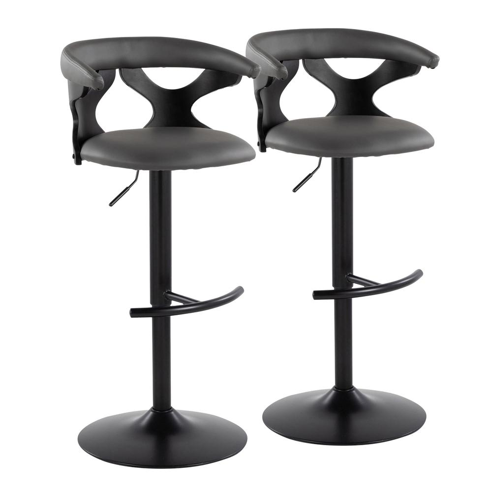 Black Wood, Black Metal, Grey PU Gardenia Adjustable Barstool - Set of 2. Picture 1