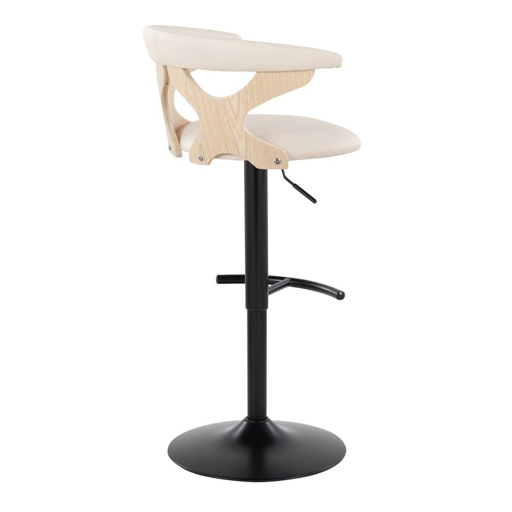 Black Metal, Natural Wood, Cream PU Gardenia Adjustable Barstool - Set of 2. Picture 4