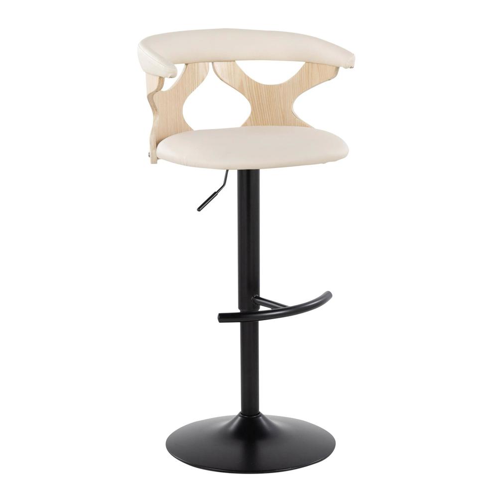 Black Metal, Natural Wood, Cream PU Gardenia Adjustable Barstool - Set of 2. Picture 2