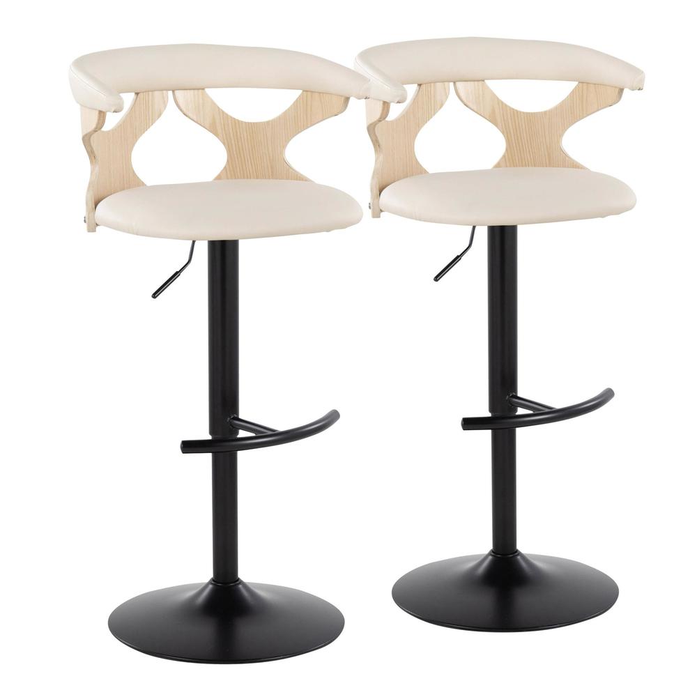 Black Metal, Natural Wood, Cream PU Gardenia Adjustable Barstool - Set of 2. Picture 1