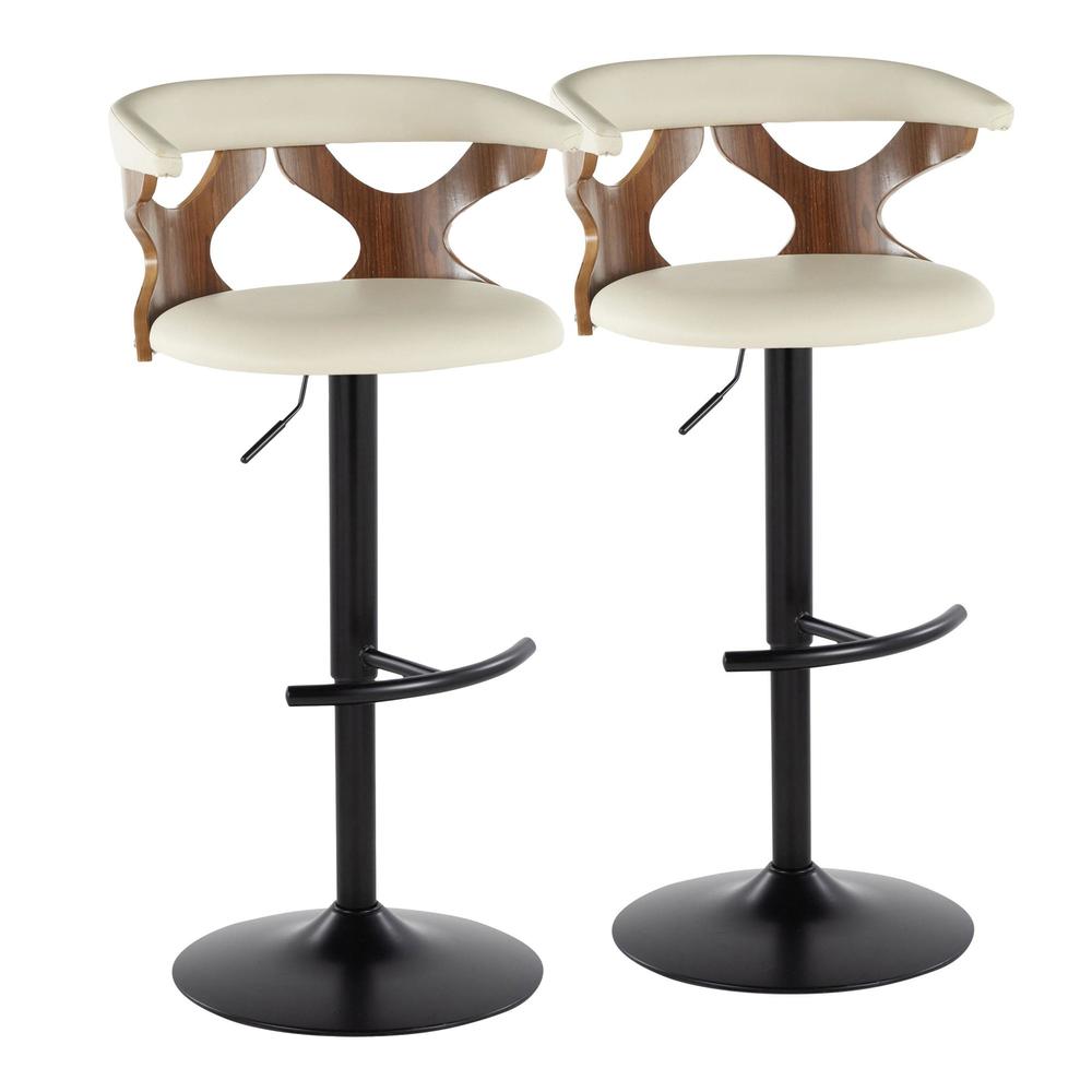 Black Metal, Walnut Wood, Cream PU Gardenia Adjustable Barstool - Set of 2. Picture 1