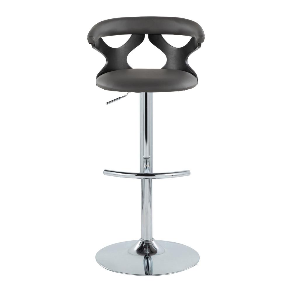Black Wood, Chrome Metal, Grey PU Gardenia Adjustable Barstool - Set of 2. Picture 5