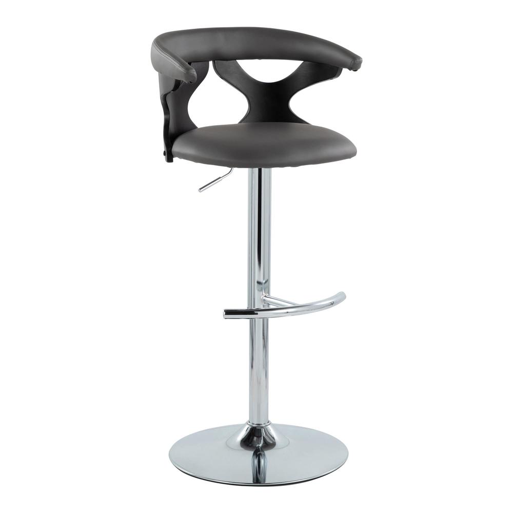 Black Wood, Chrome Metal, Grey PU Gardenia Adjustable Barstool - Set of 2. Picture 2