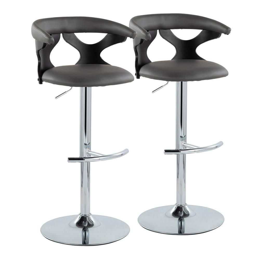 Black Wood, Chrome Metal, Grey PU Gardenia Adjustable Barstool - Set of 2. Picture 1