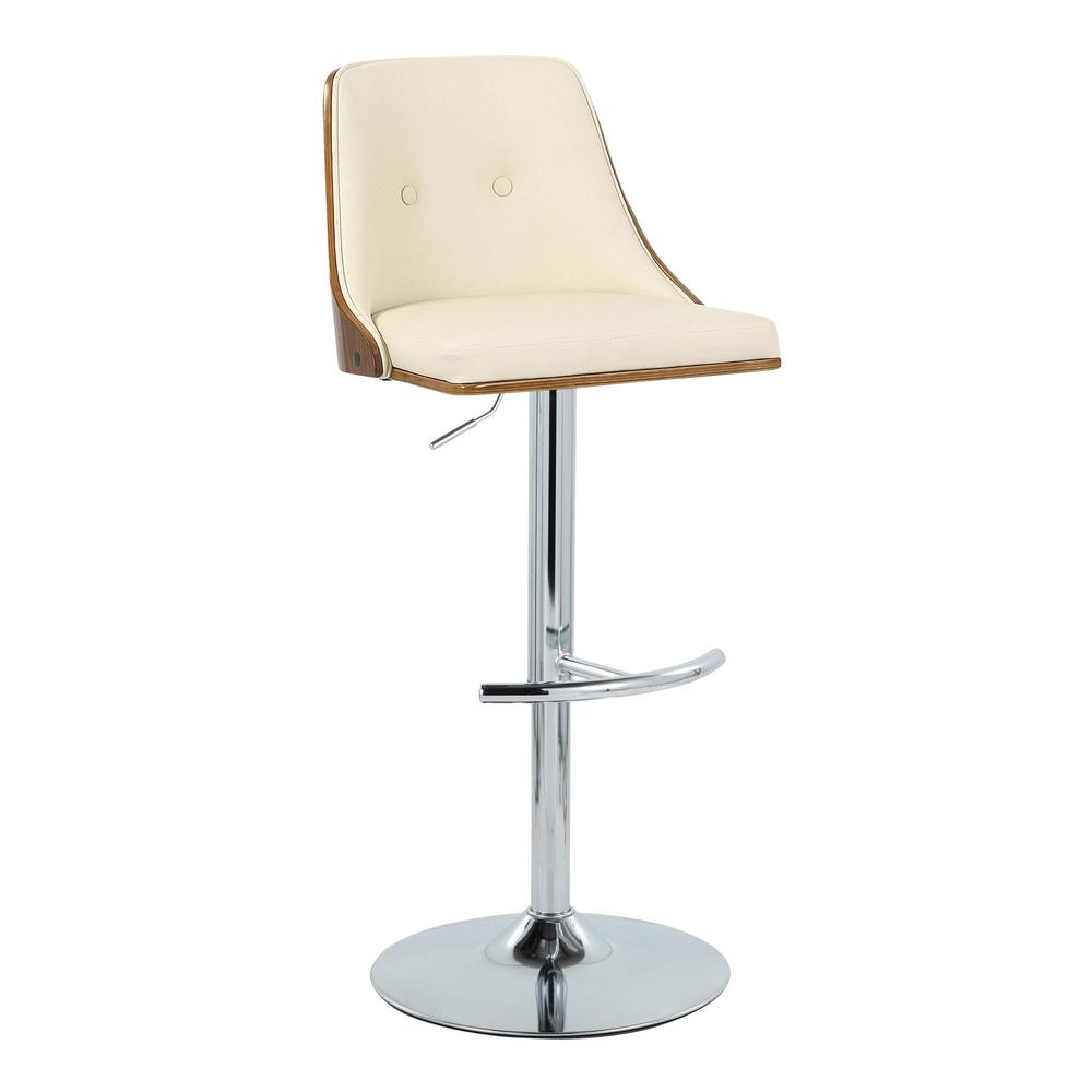 Chrome Metal, Walnut Wood, Cream PU Gianna Adjustable Barstool - Set of 2. Picture 2