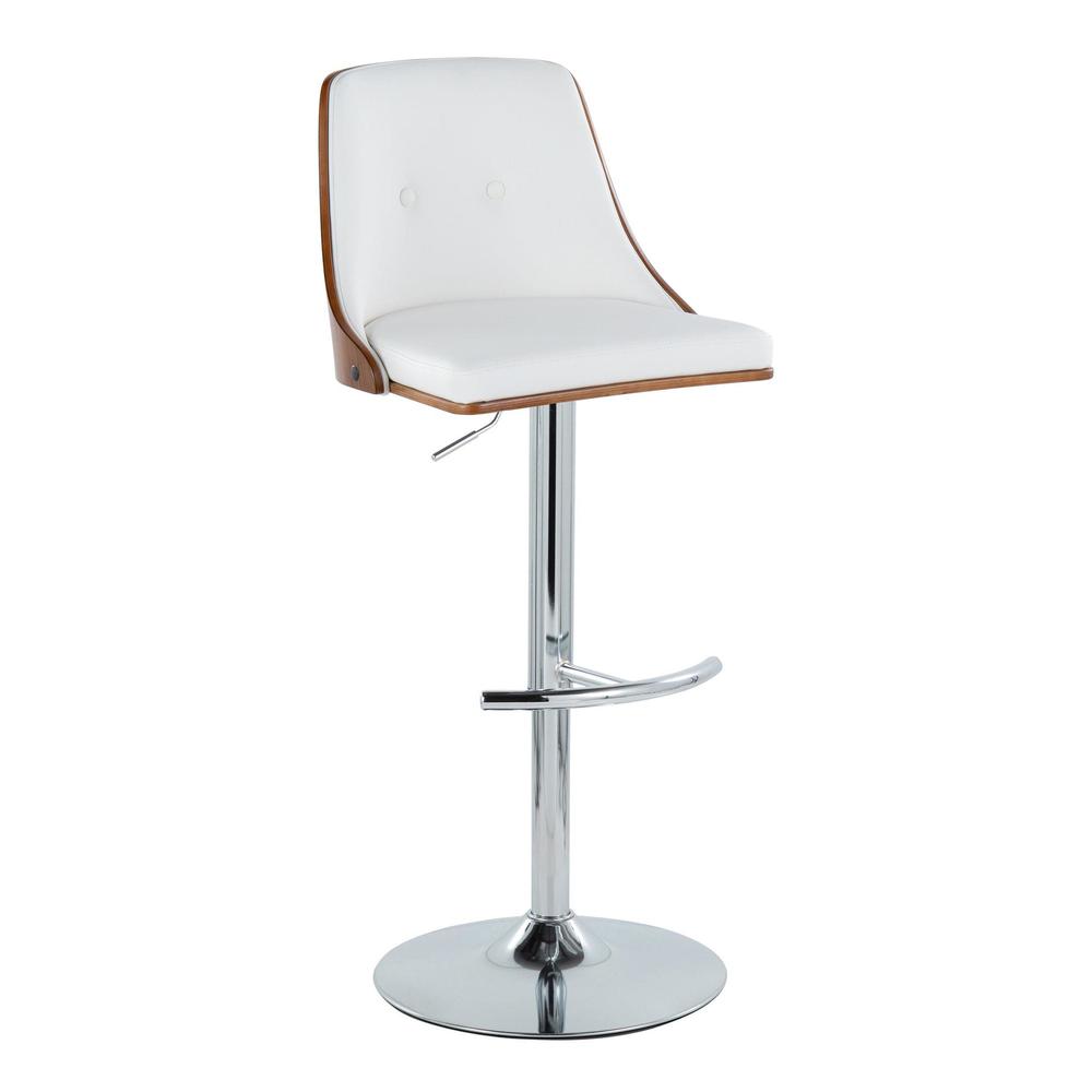 Chrome Metal, Walnut Wood, White PU Gianna Adjustable Barstool - Set of 2. Picture 2
