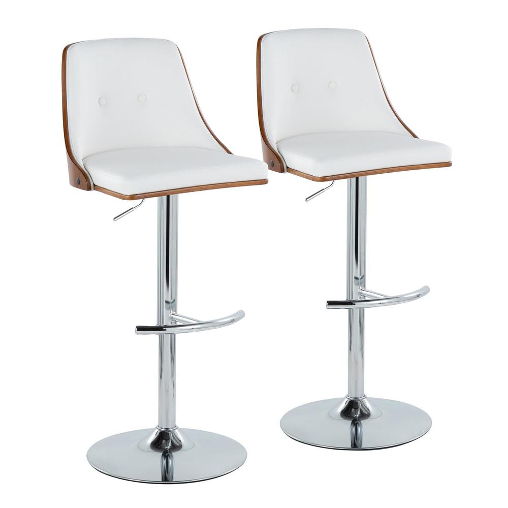Chrome Metal, Walnut Wood, White PU Gianna Adjustable Barstool - Set of 2. Picture 1