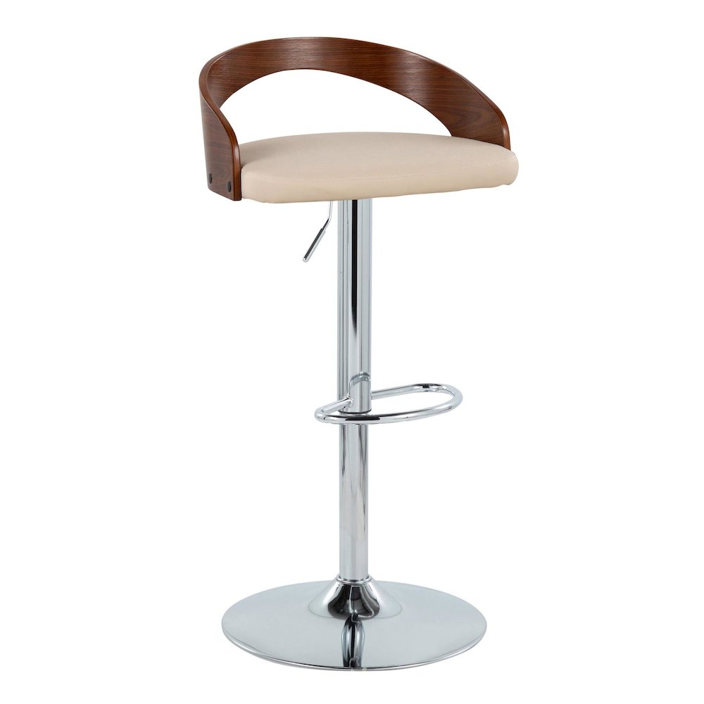 Chrome Metal, Walnut Wood, Cream PU Grotto Adjustable Height Barstool - Set of 2. Picture 2
