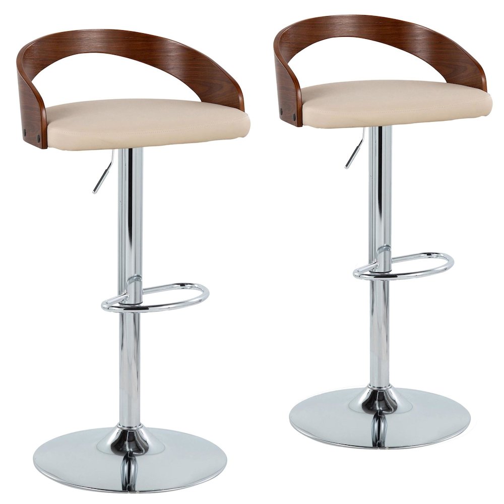 Chrome Metal, Walnut Wood, Cream PU Grotto Adjustable Height Barstool - Set of 2. Picture 1