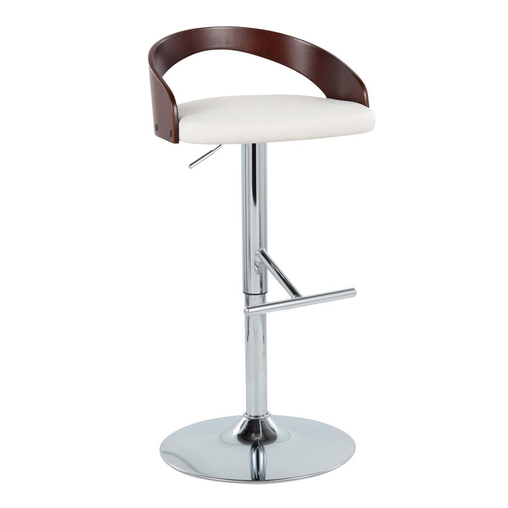 Chrome Metal, Cherry Wood, White PU Grotto Adjustable Barstool - Set of 2. Picture 2