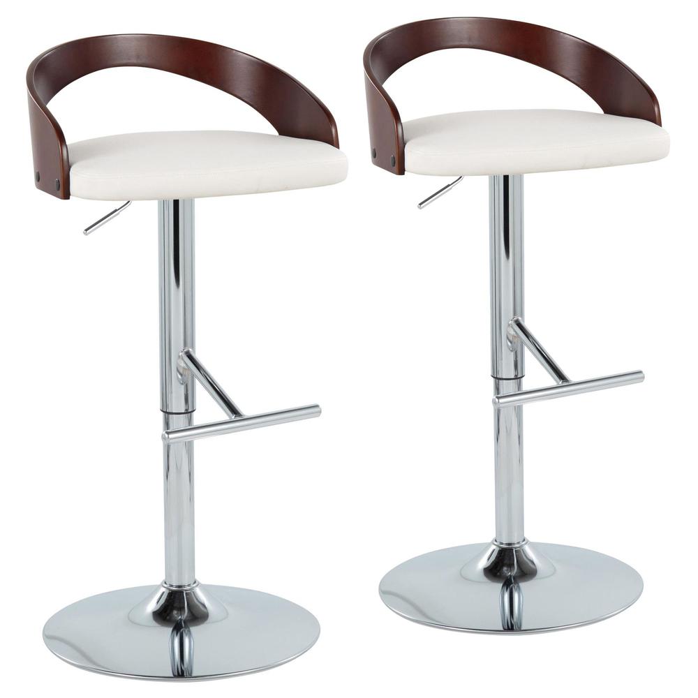 Chrome Metal, Cherry Wood, White PU Grotto Adjustable Barstool - Set of 2. Picture 1