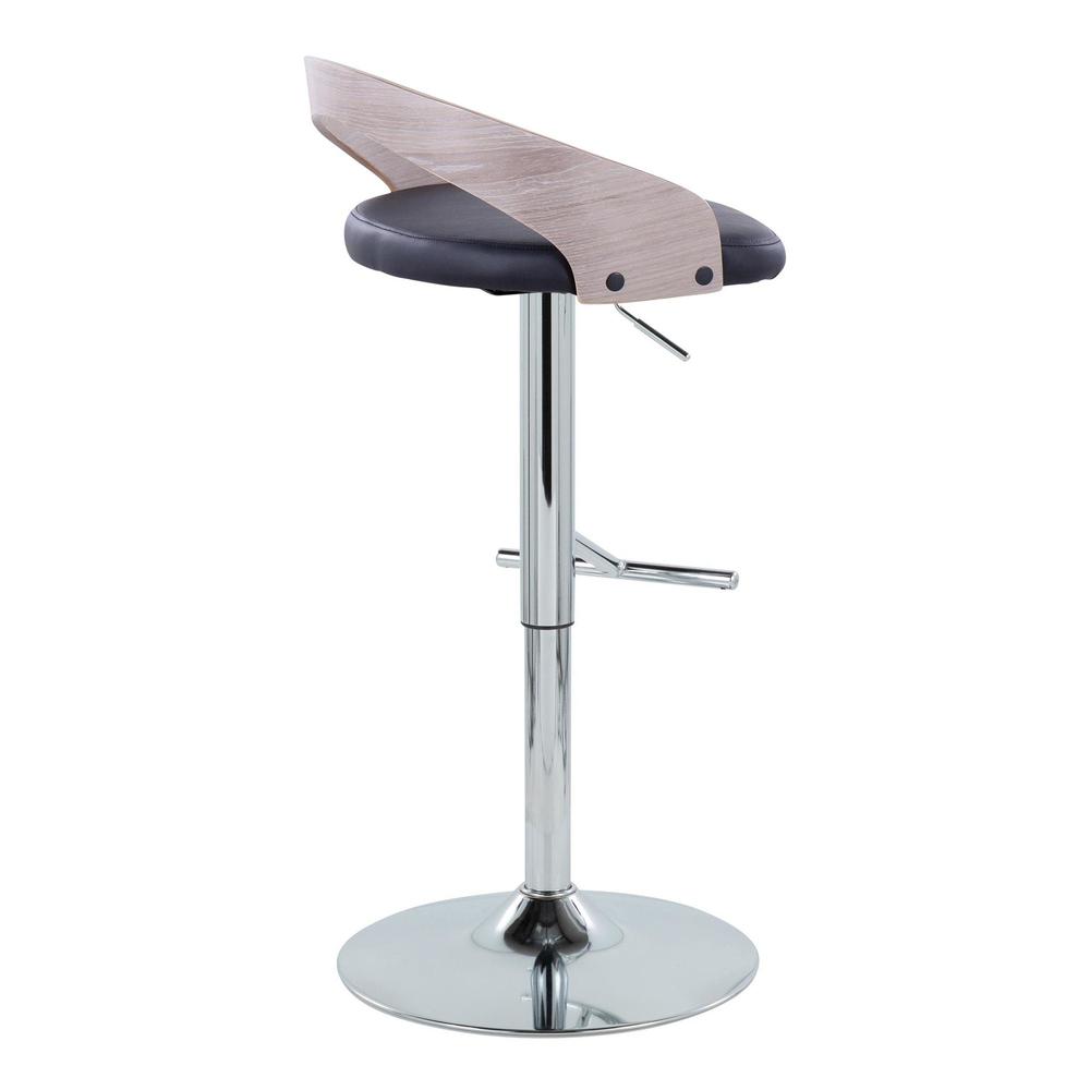 Chrome Metal, Light Grey Wood, Black PU Grotto Adjustable Barstool - Set of 2. Picture 4