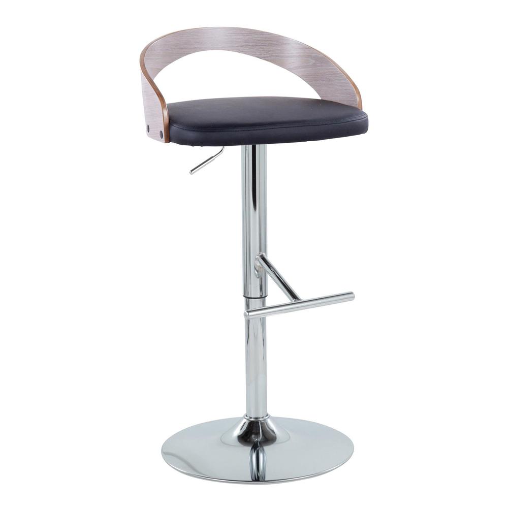 Chrome Metal, Light Grey Wood, Black PU Grotto Adjustable Barstool - Set of 2. Picture 2