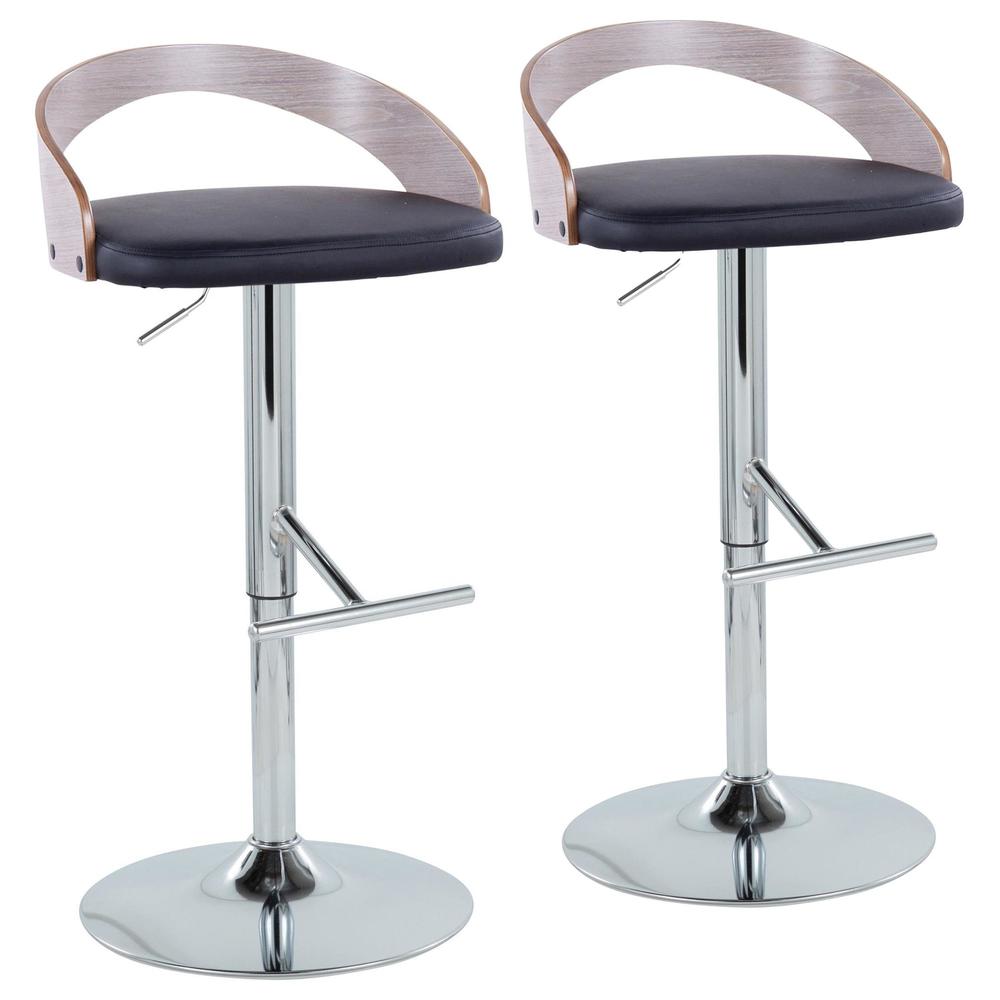 Chrome Metal, Light Grey Wood, Black PU Grotto Adjustable Barstool - Set of 2. Picture 1