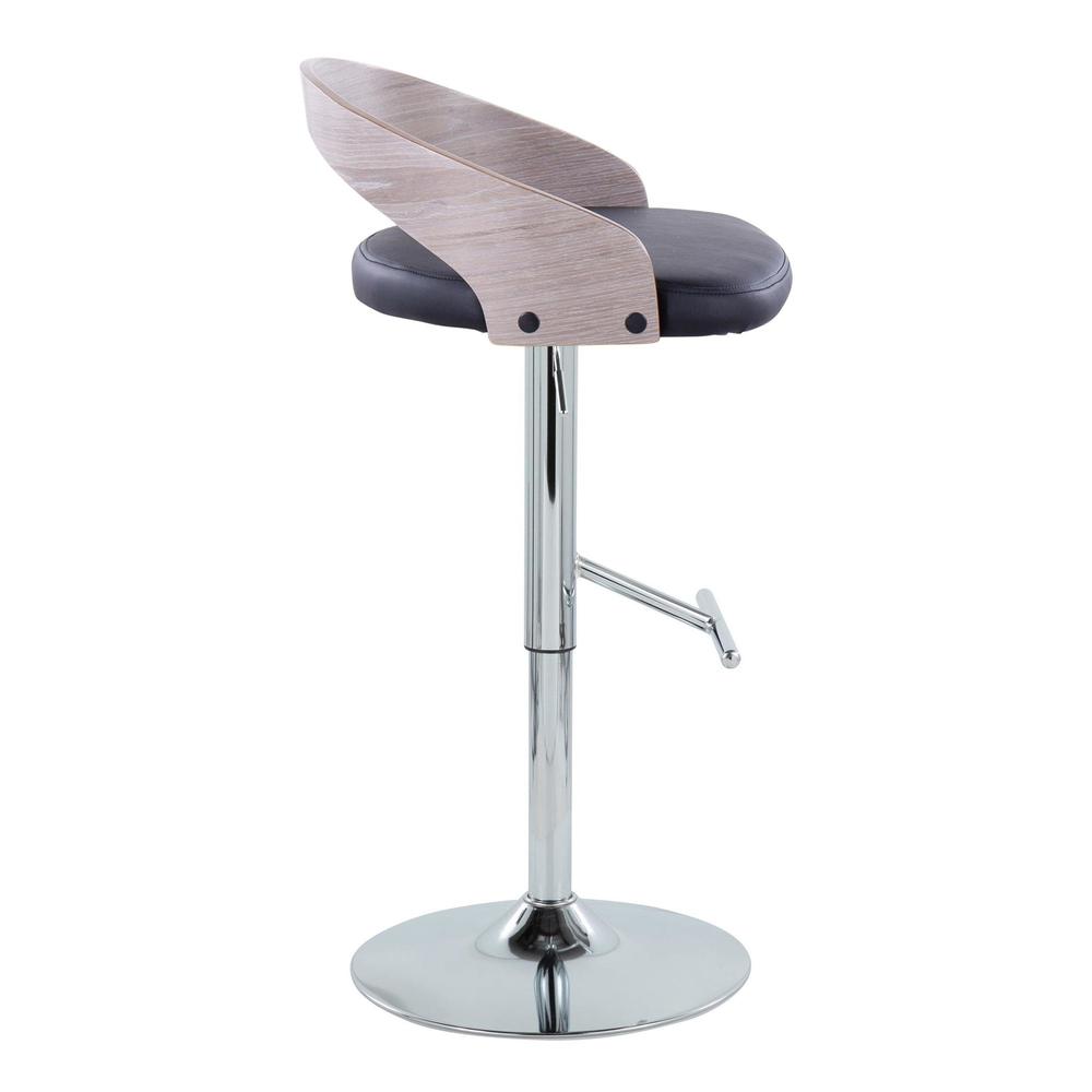Chrome Metal, Light Grey Wood, Black PU Grotto Adjustable Barstool - Set of 2. Picture 3